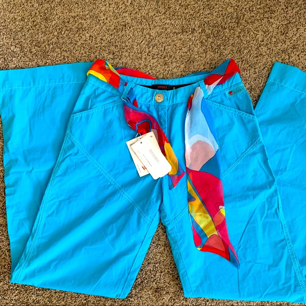 2000s Versace Sport wide leg blue pants with scarf belt- NEW